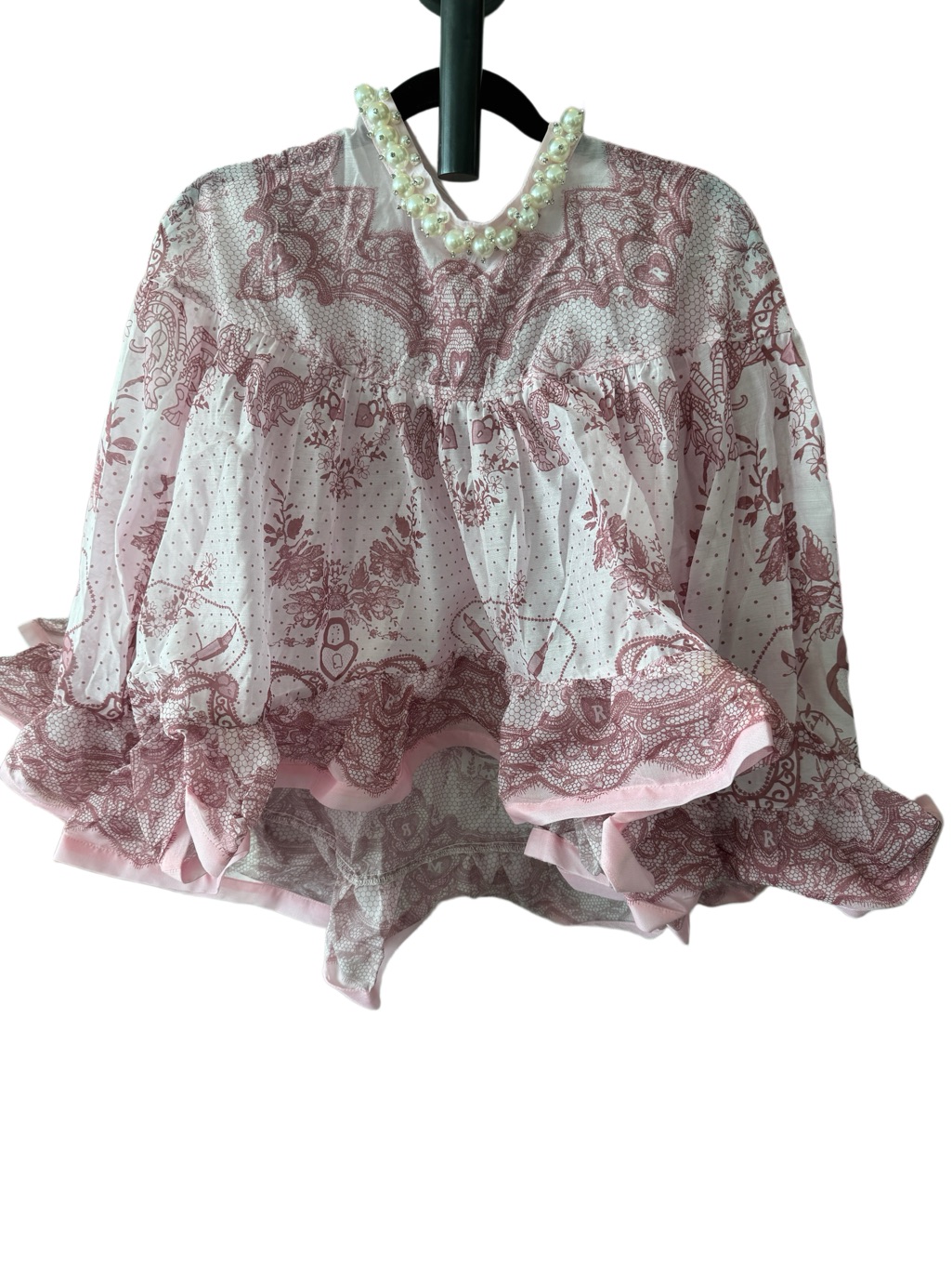 Designer-Style Pink Paisley Ruffled Cape Blouse